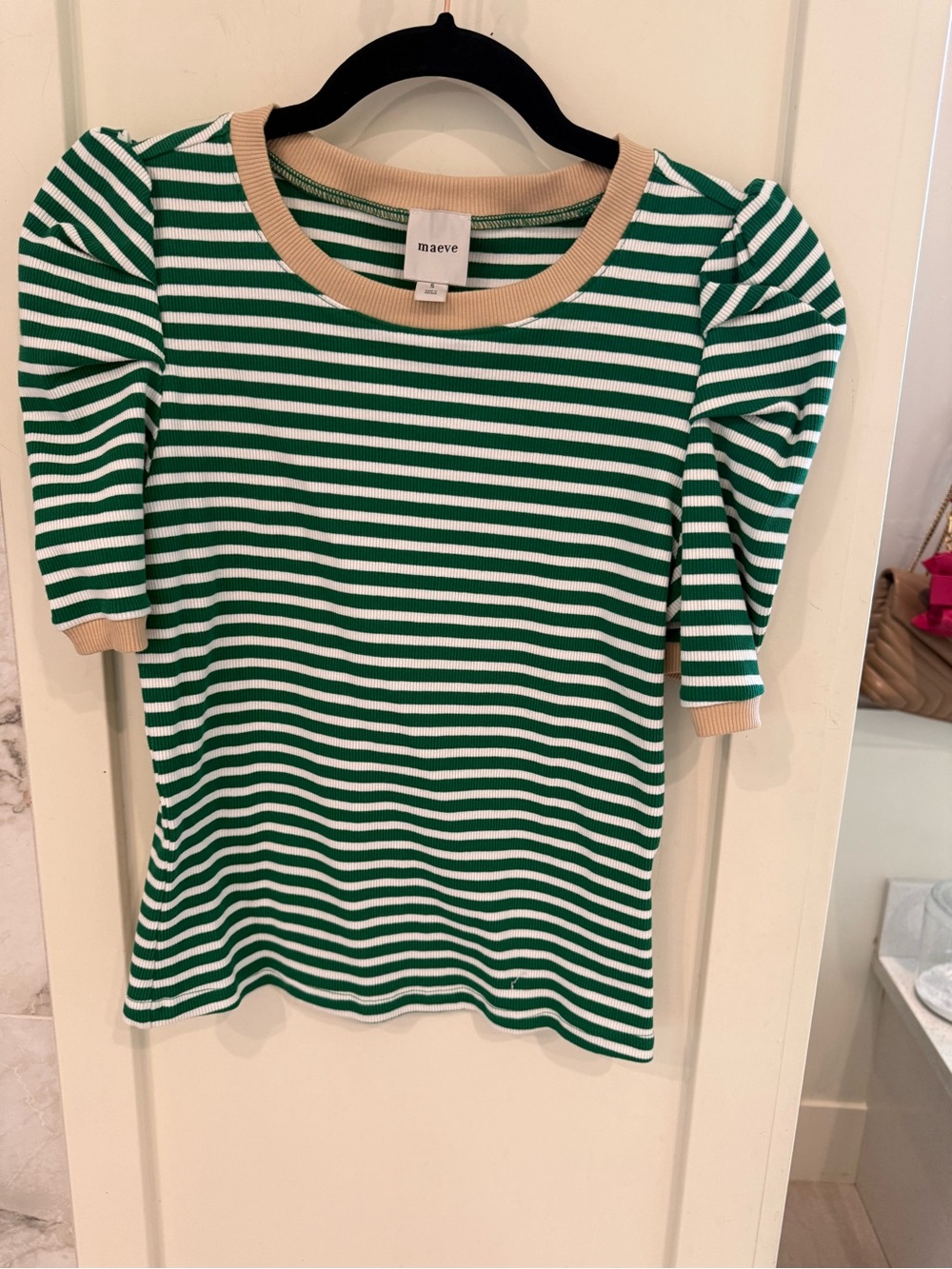 Maeve Green and White Striped Puff Sleeve Top with Beige Trim - Picture 1 of 1
